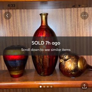 3 pcs Contemporary Red Gold Ceramic Foil and Lacquer 2 Vases and Bird Figurine